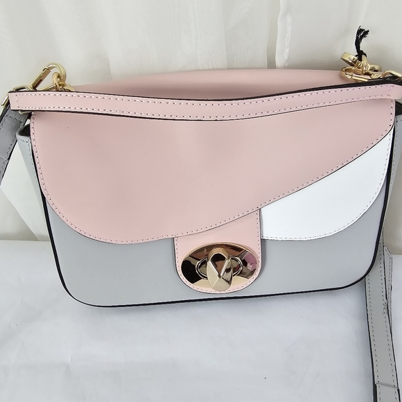 Made In Italy Smooth Leather Handbag Pink White and Gray With Strap - Picture 2 of 9